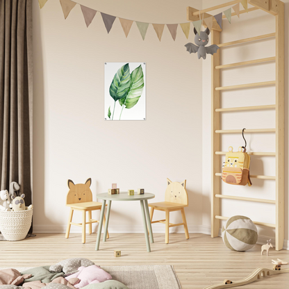 A child’s room with a wooden ladder and a green leaf print