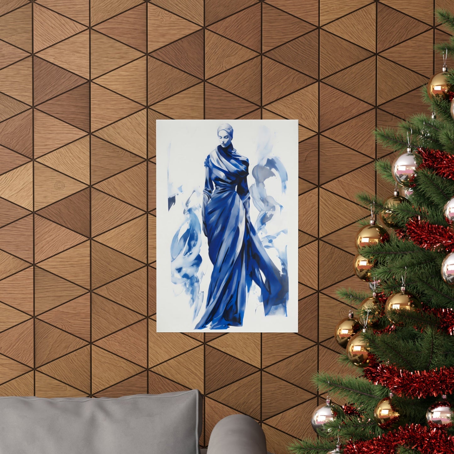 A christmas tree with a blue and white painting on it