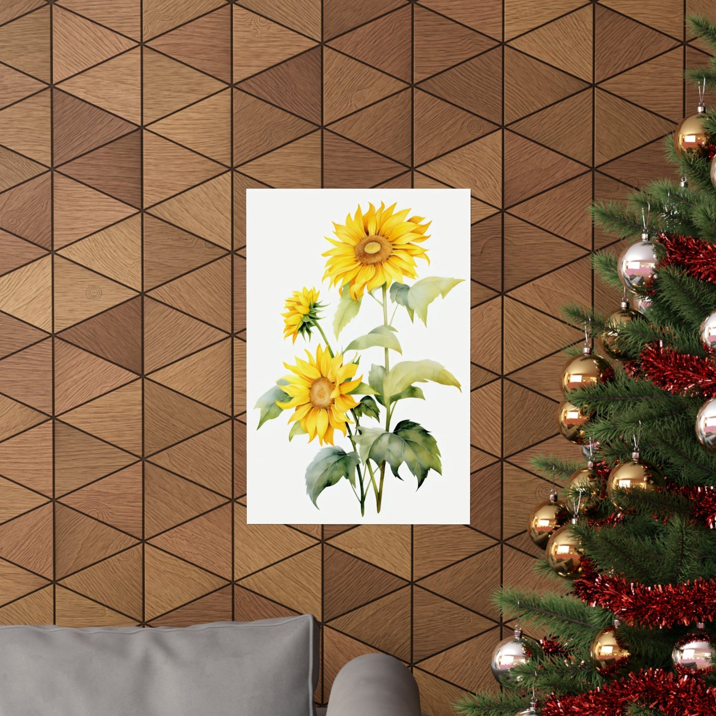 A christmas tree with a bunch of sunflowers