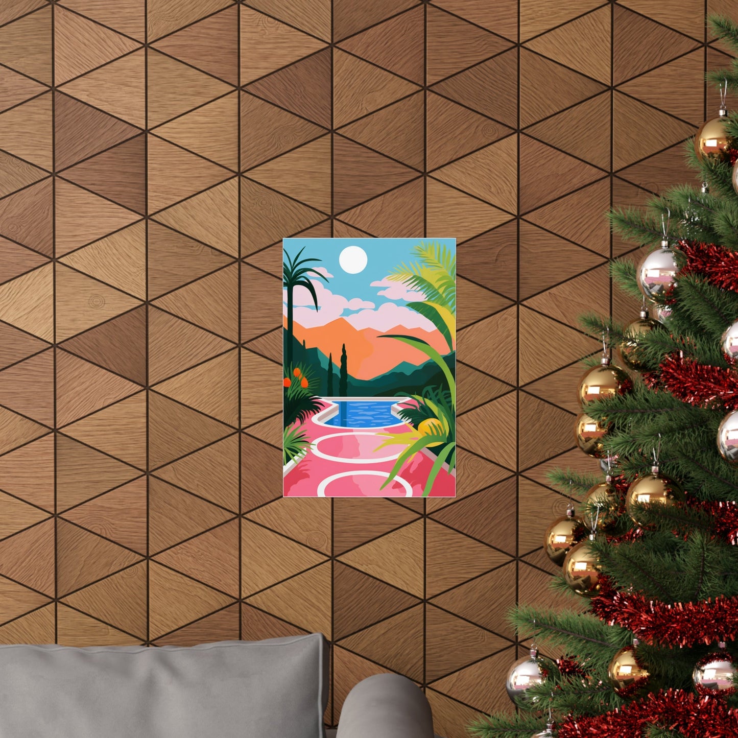 A christmas tree with a colorful painting on it