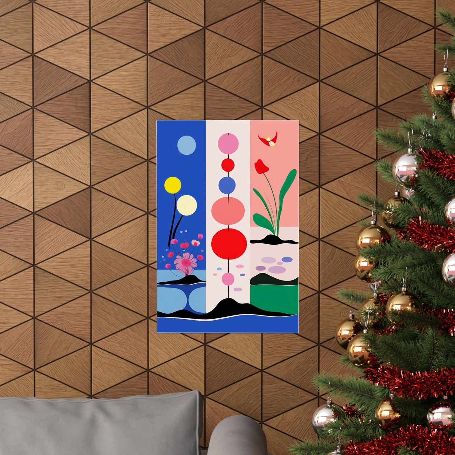 A christmas tree with a colorful painting on it