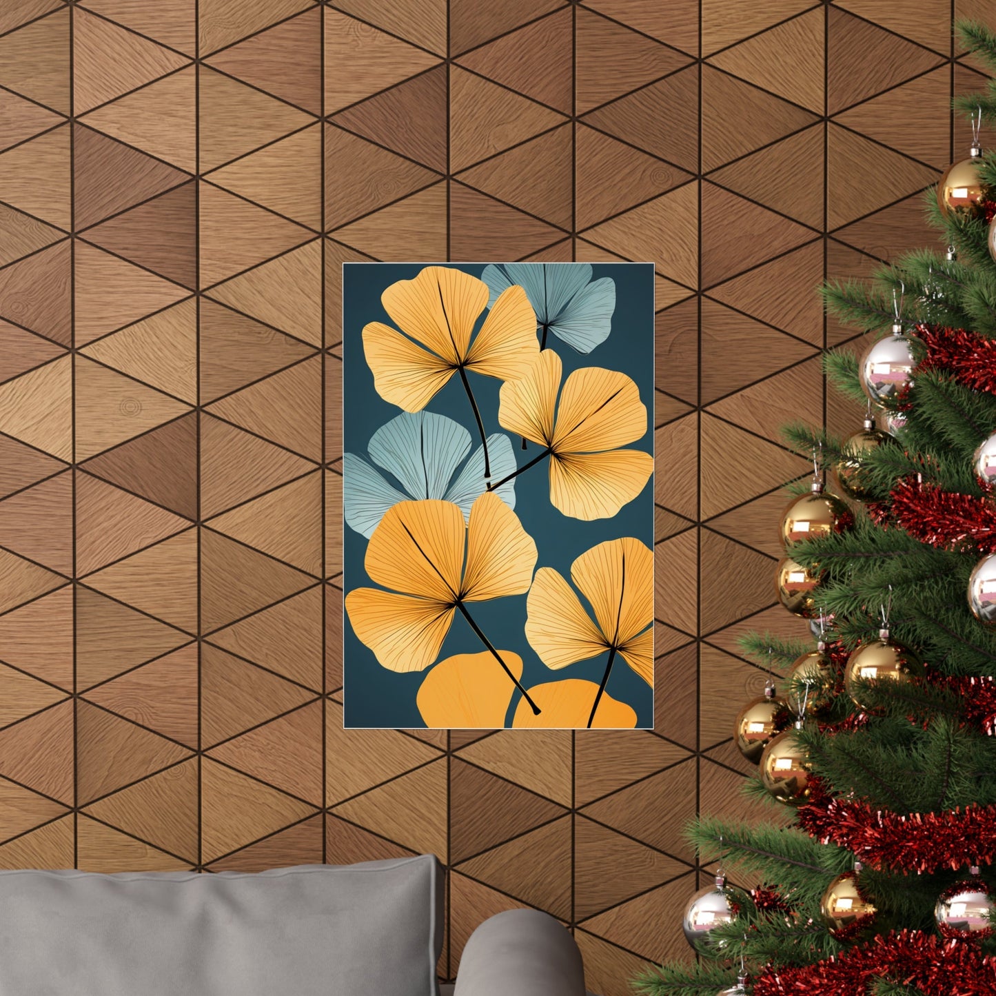 A christmas tree with a gold and blue floral print on it