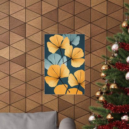 A christmas tree with a gold and blue floral print on it