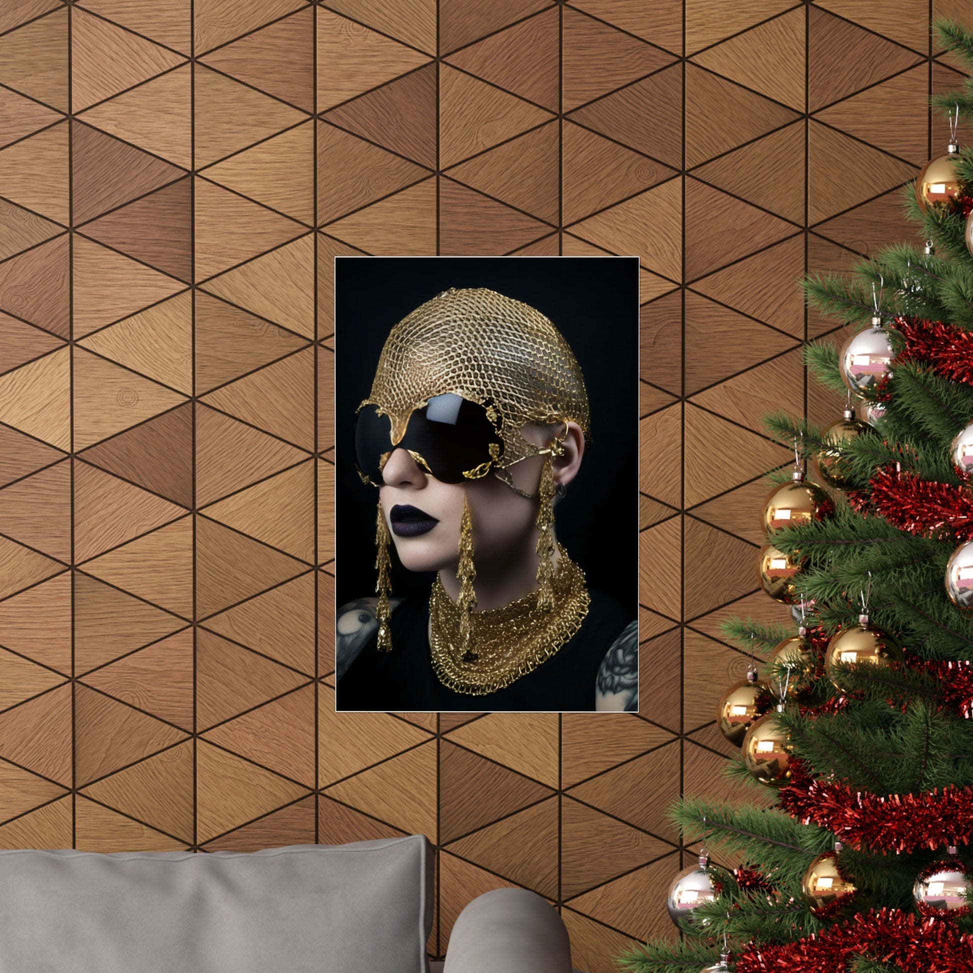 A christmas tree with a gold hat and a gold scarf