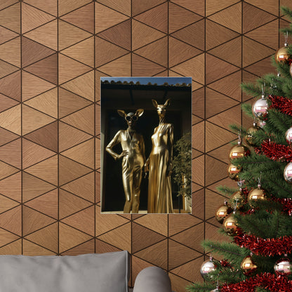 A christmas tree with a gold statue in the corner