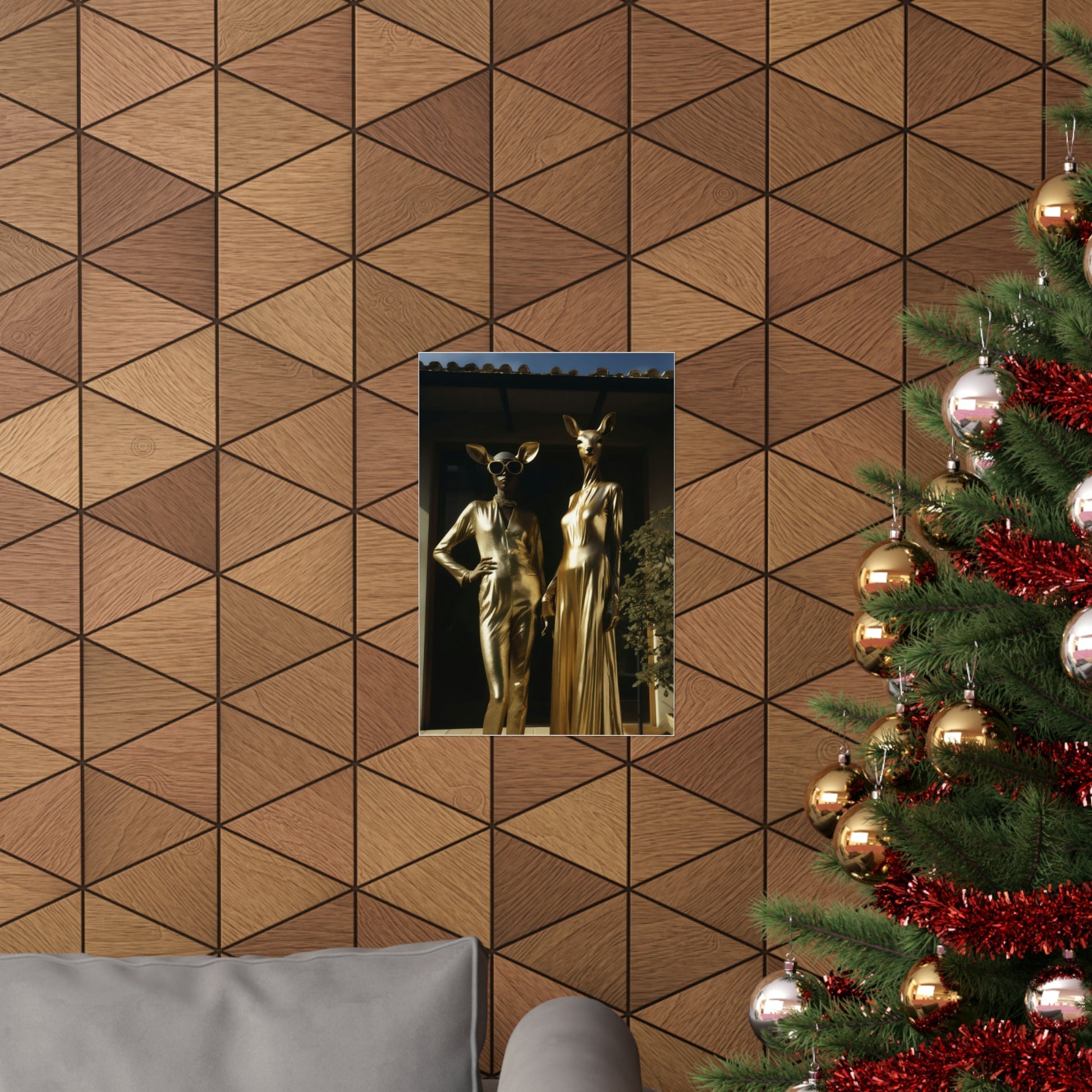 A christmas tree with a gold statue in the corner