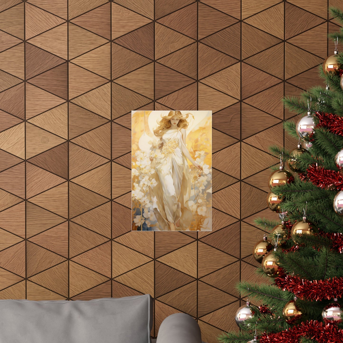 A christmas tree with a gold and white painting