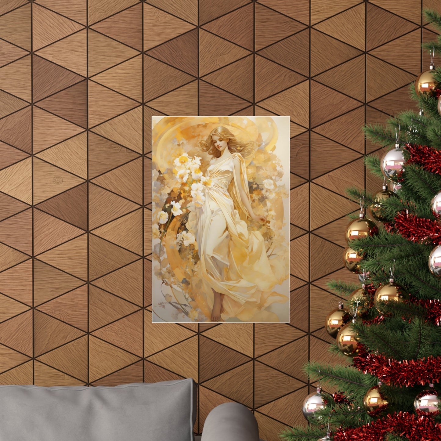 A christmas tree with a gold and white painting