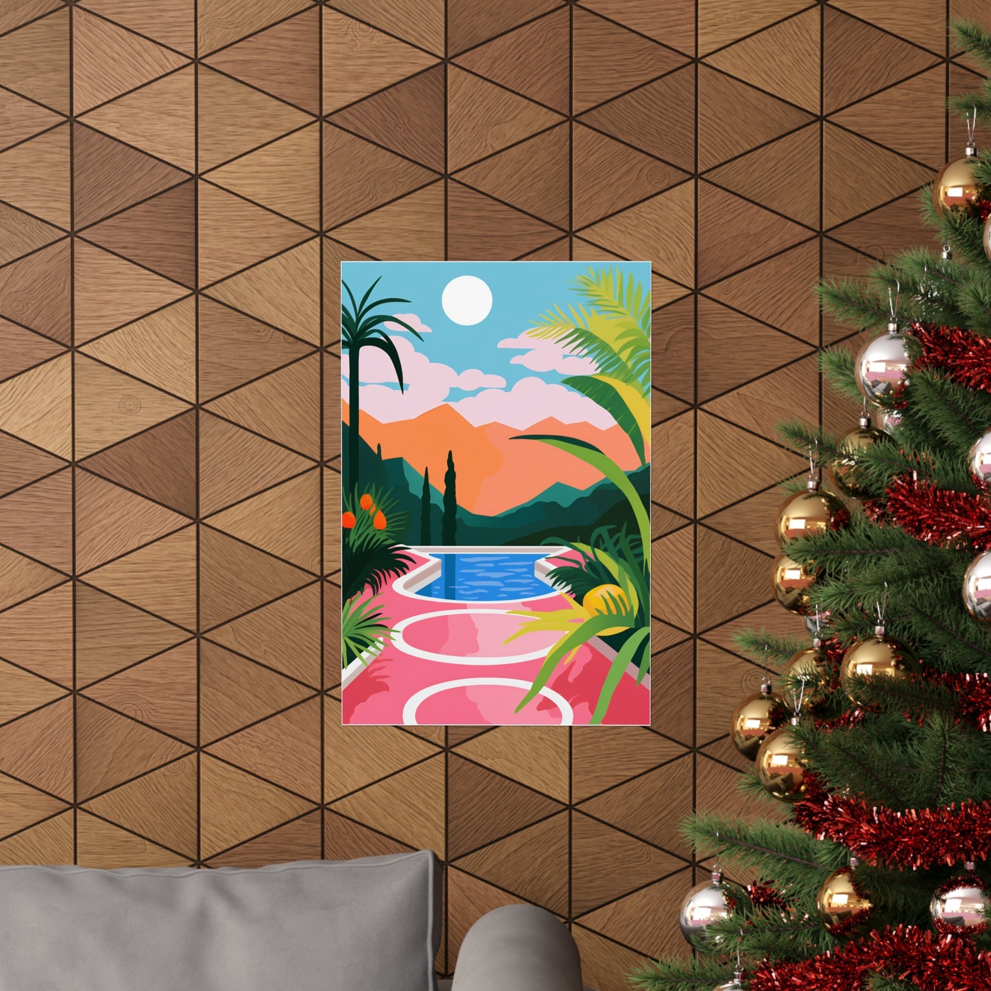 A christmas tree with a painting of a beach scene