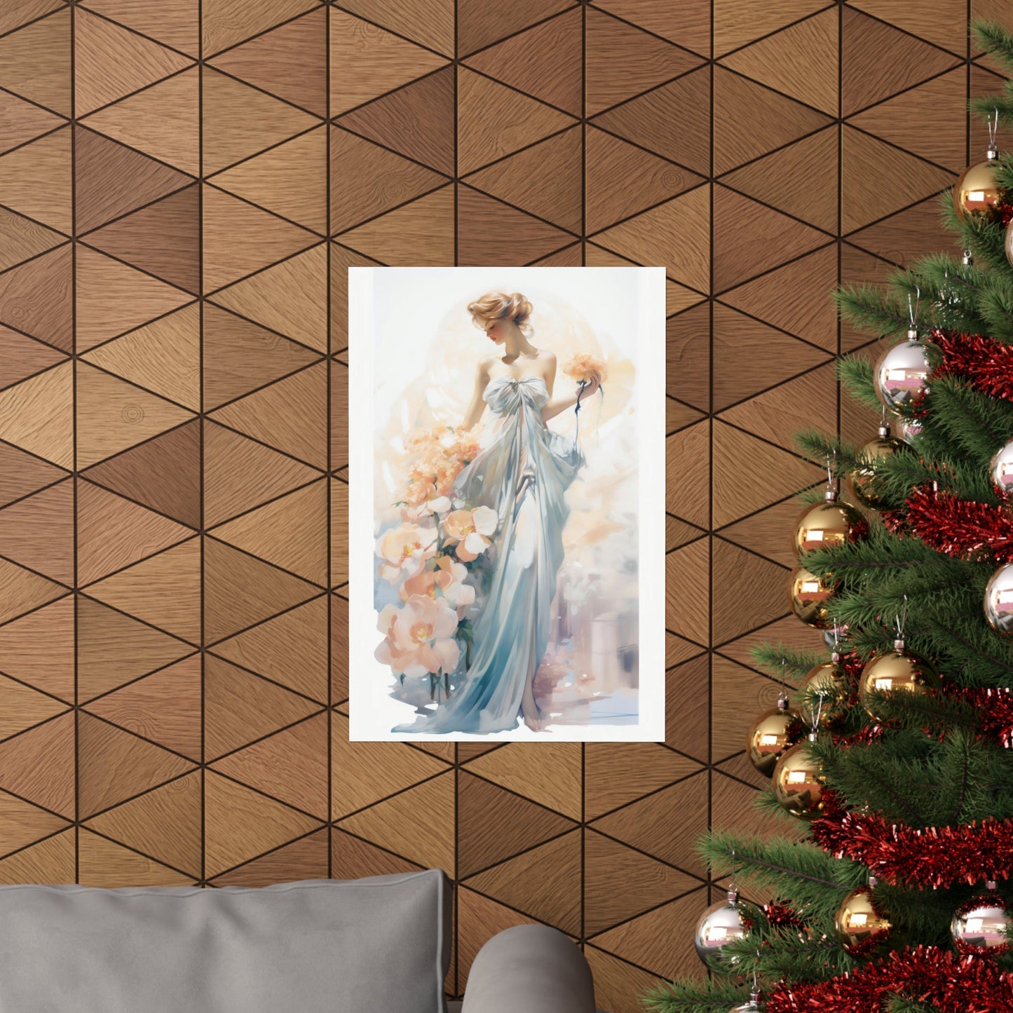 A christmas tree with a painting of a woman in a blue dress