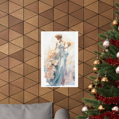 A christmas tree with a painting of a woman in a blue dress