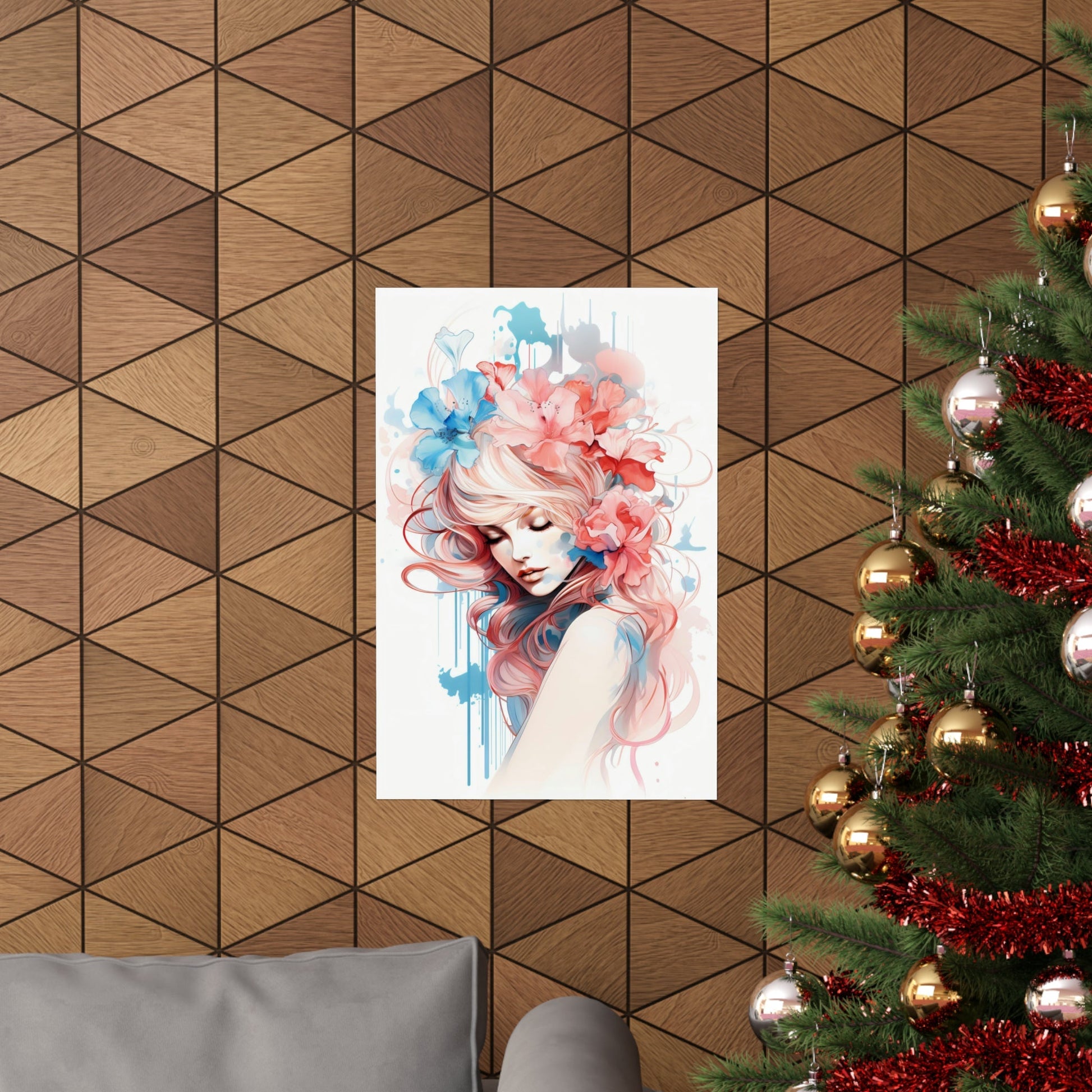 A christmas tree with a painting of a woman