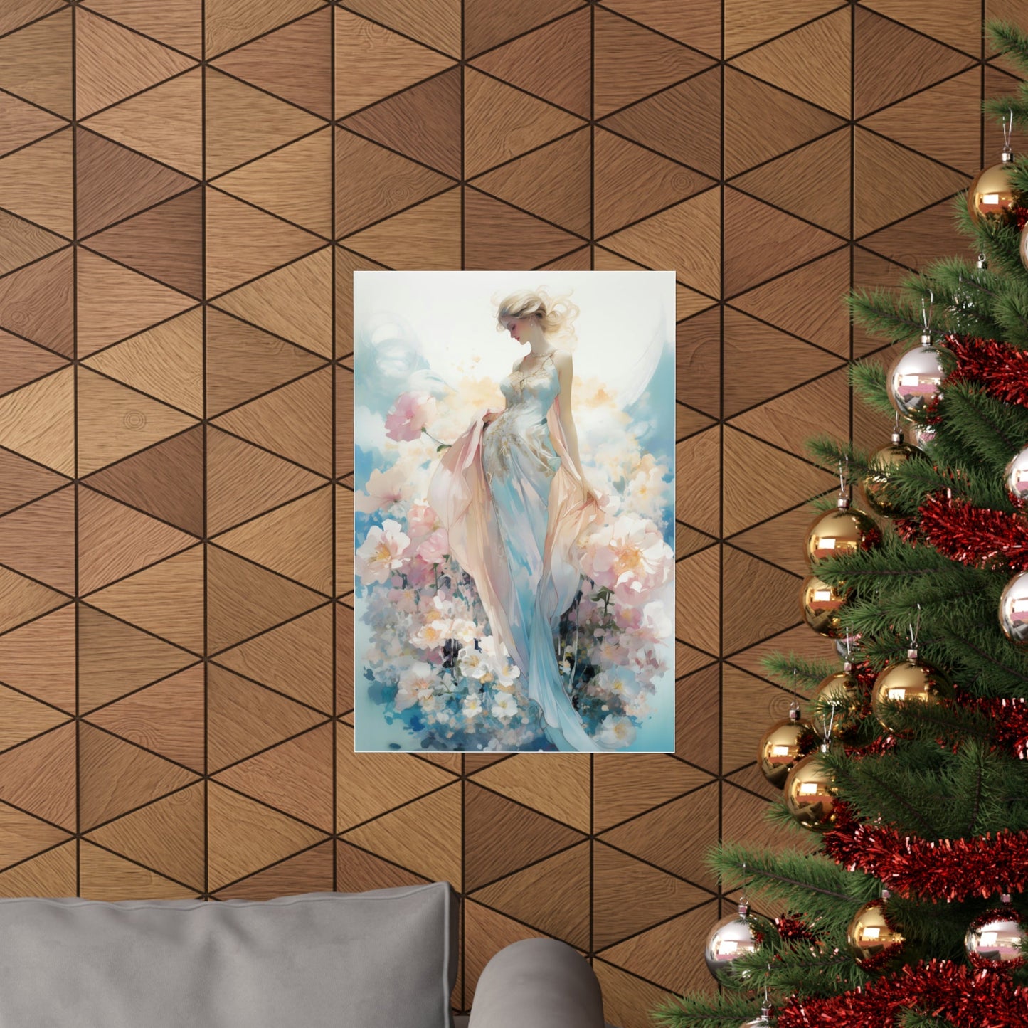 A christmas tree with a painting of a woman in a blue dress