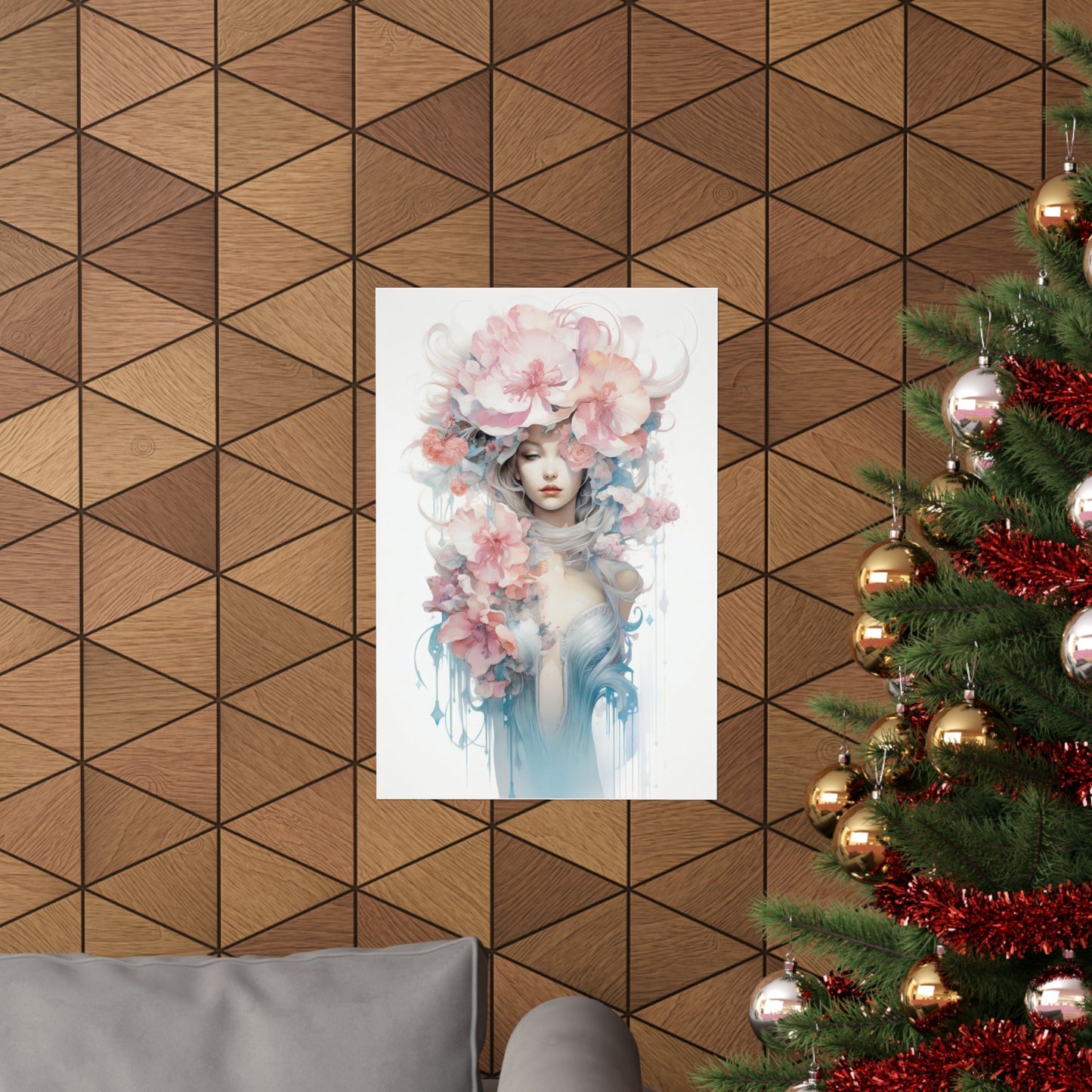 A christmas tree with a painting of a woman in a floral hat