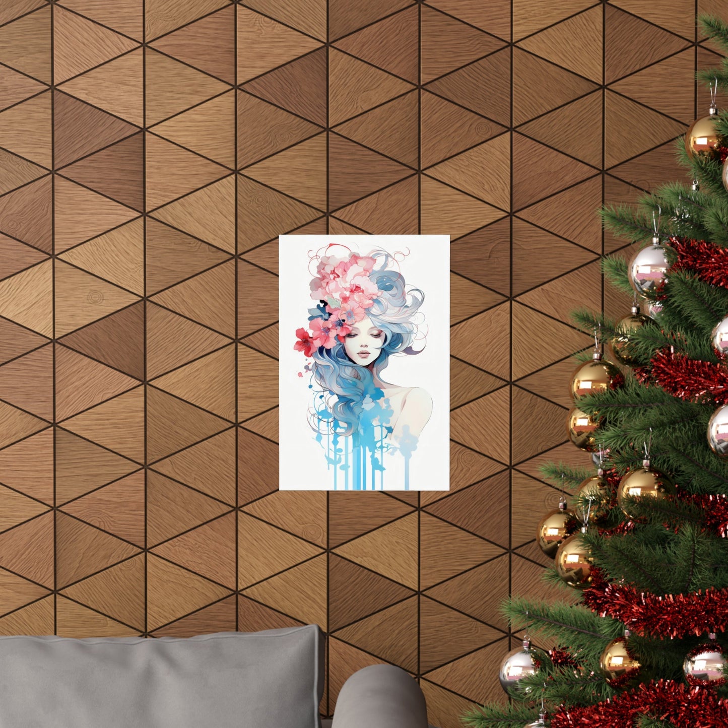 A christmas tree with a painting of a woman in a blue dress