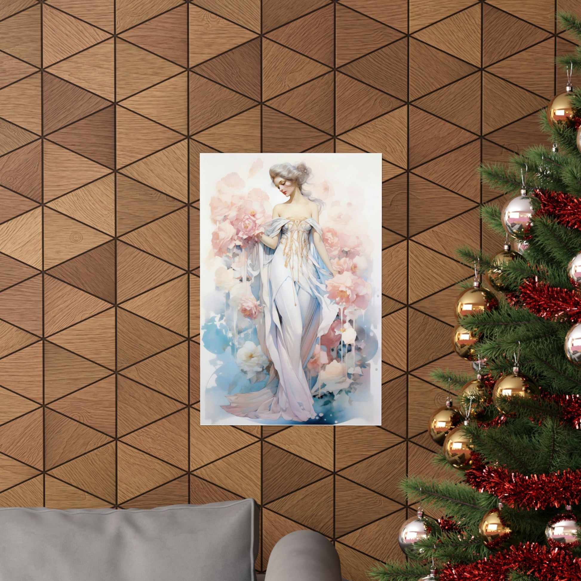 A christmas tree with a painting of a woman in a white dress