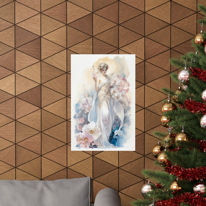 A christmas tree with a painting of a woman in a white dress