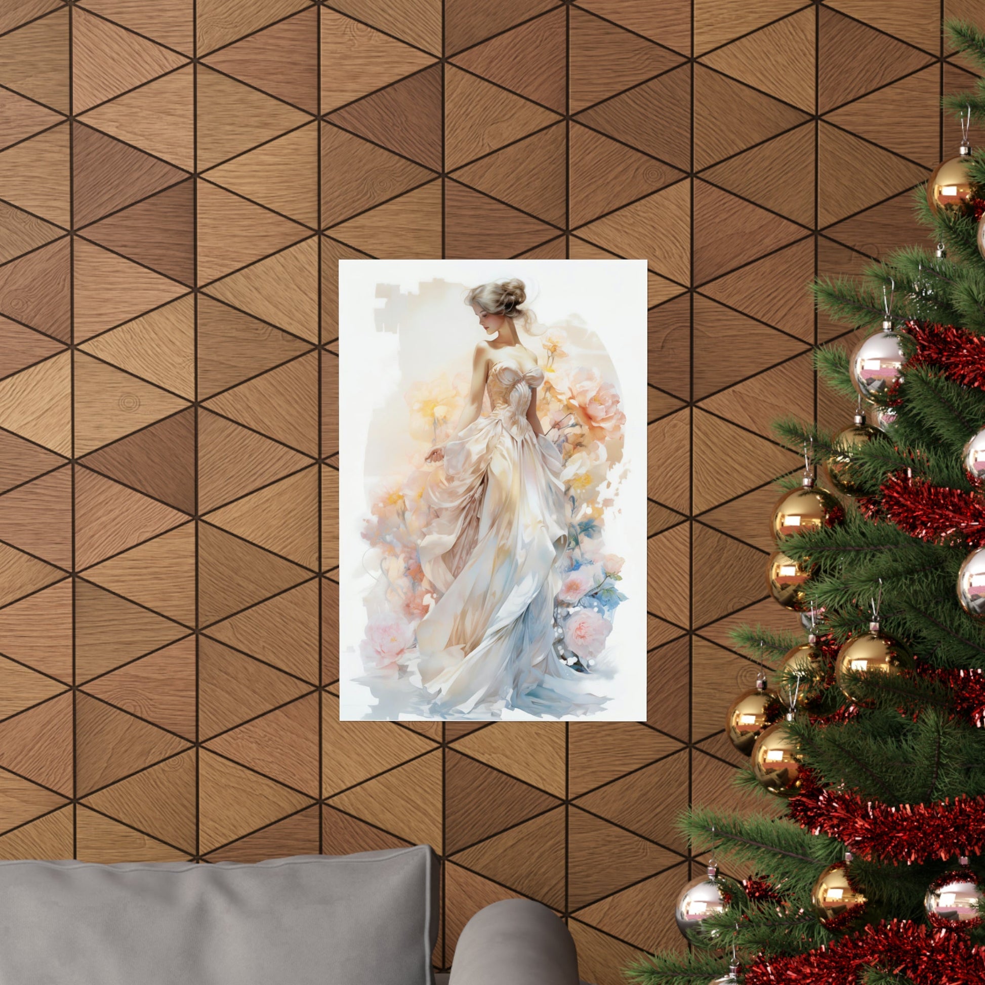 A christmas tree with a painting of a woman in a white dress