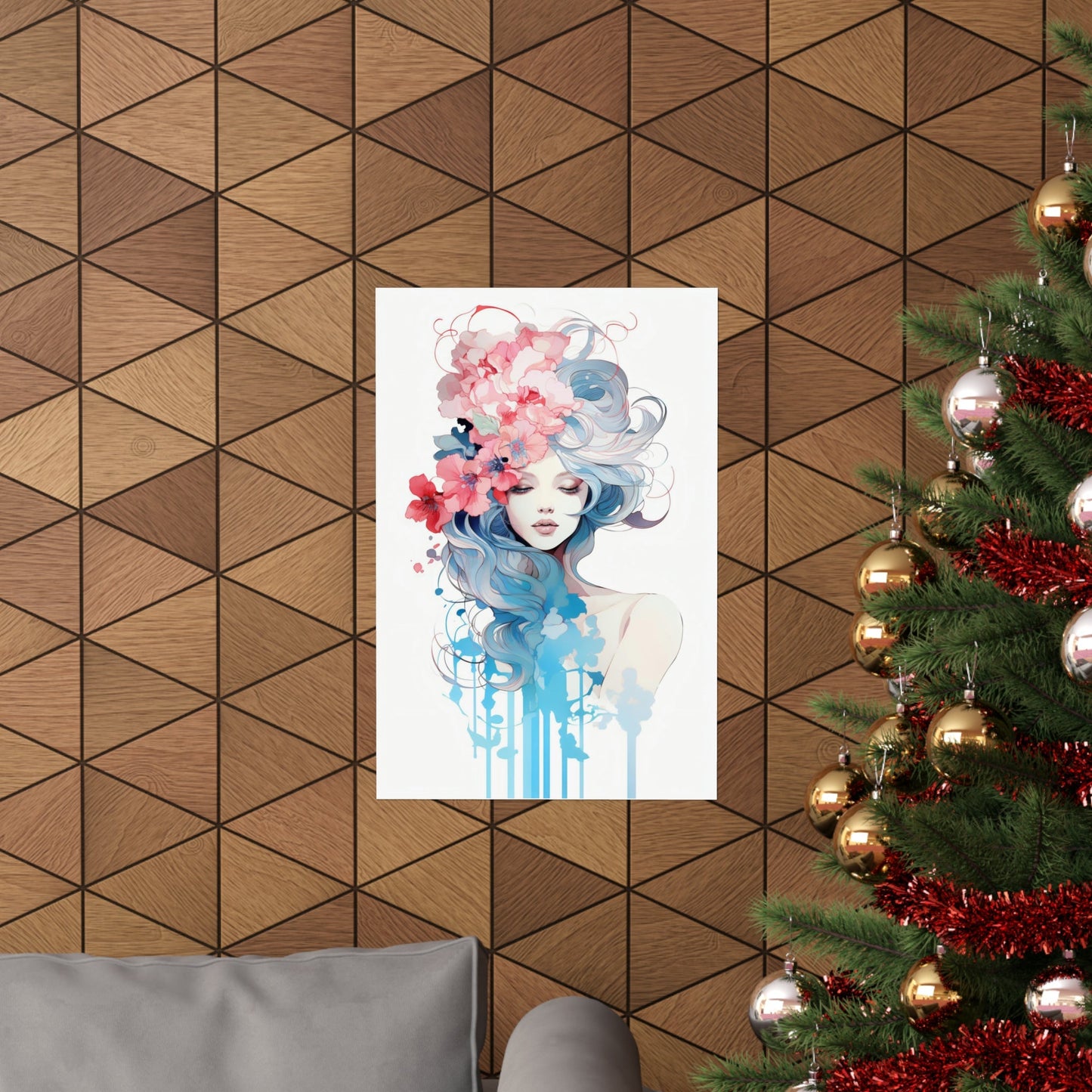 A christmas tree with a painting of a woman’s face