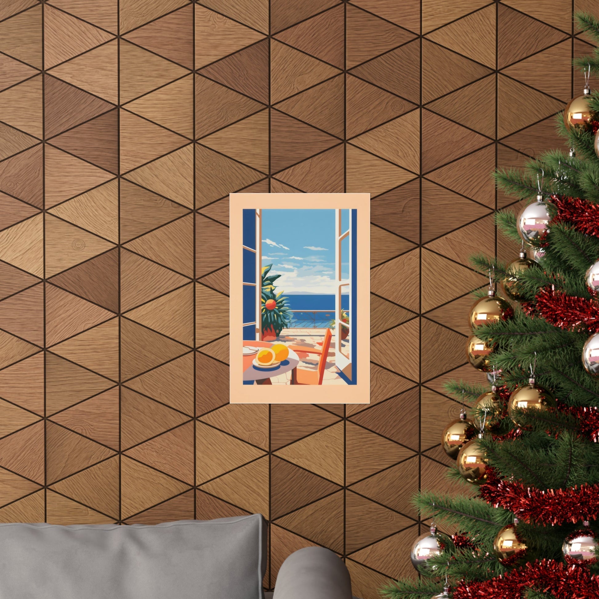 A christmas tree with a picture of a beach scene