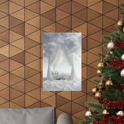 Transform your space with an AI-generated a7 - VERTICAL FUTURE™ Lux Matte Poster Collection featuring a bed under a canopy of clouds.