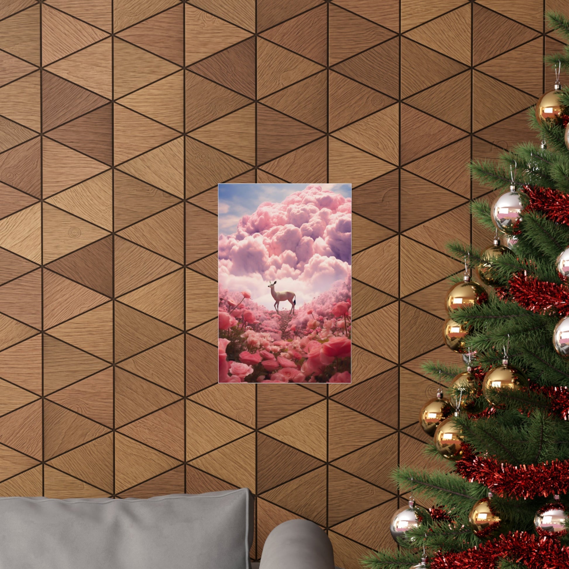 A christmas tree with a picture of a girl in the sky