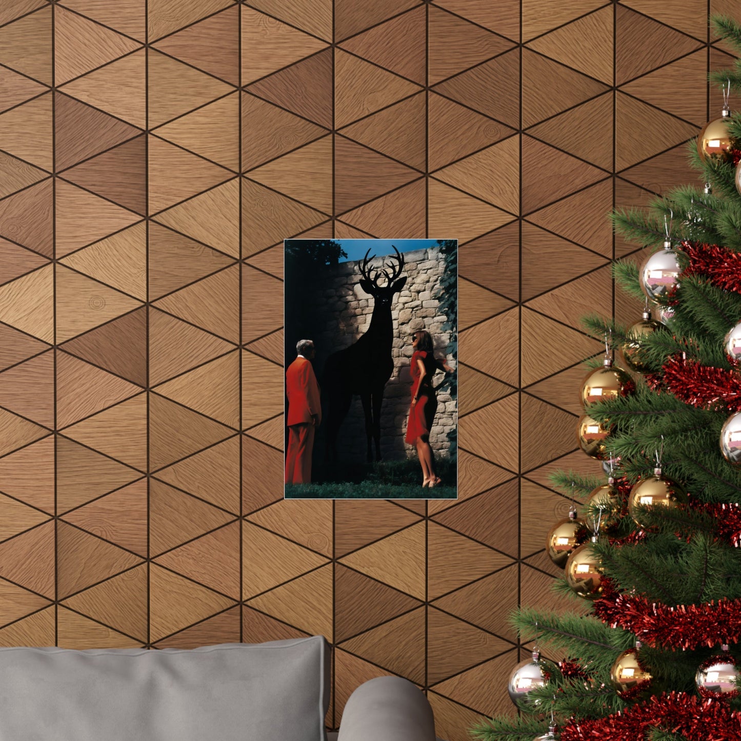 A christmas tree with a picture of a man and woman