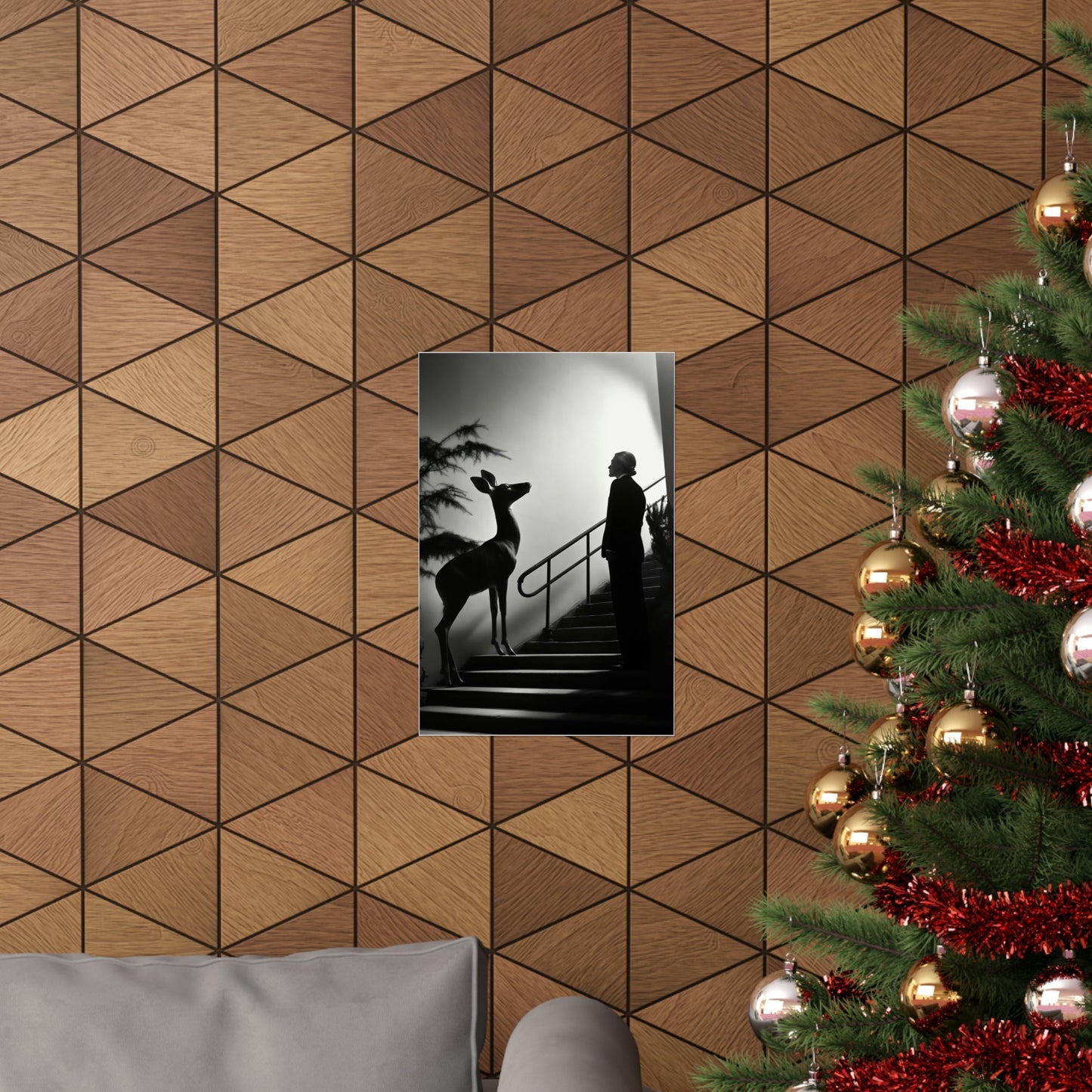 A christmas tree with a picture of a man and woman