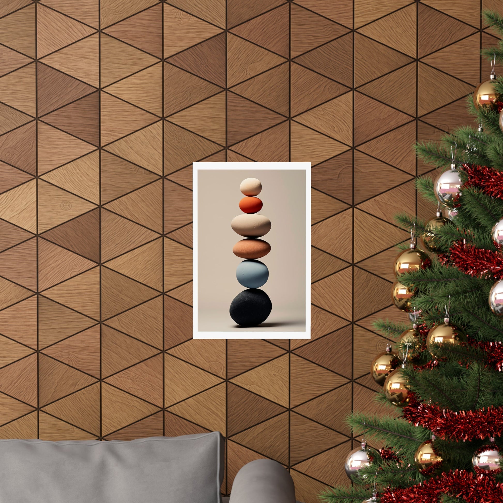 A christmas tree with a picture of a rock on it