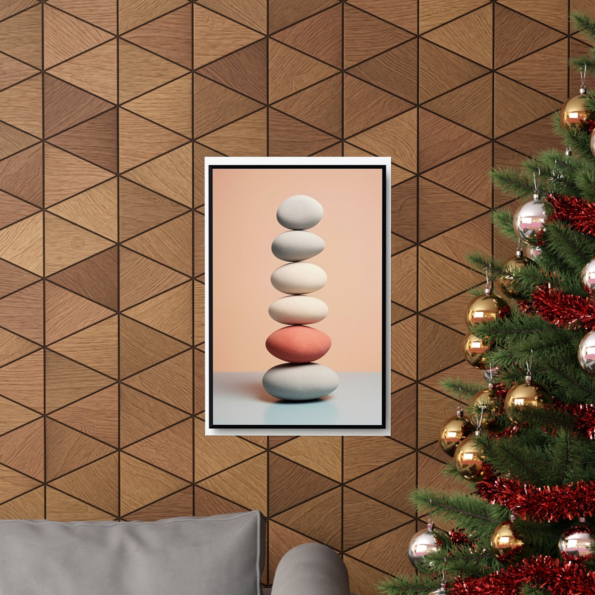 A christmas tree with a picture of a stack of rocks