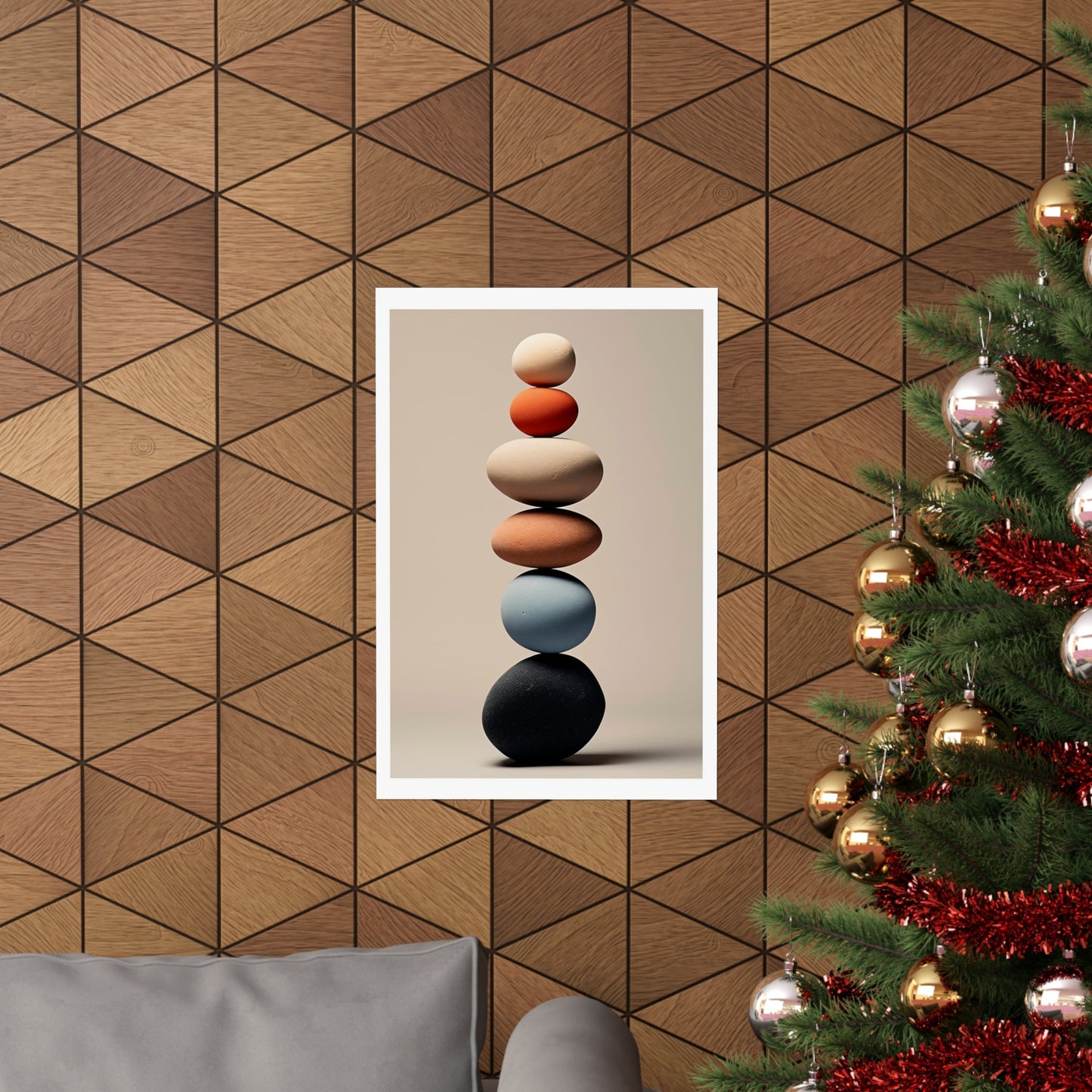 A christmas tree with a picture of a stack of rocks