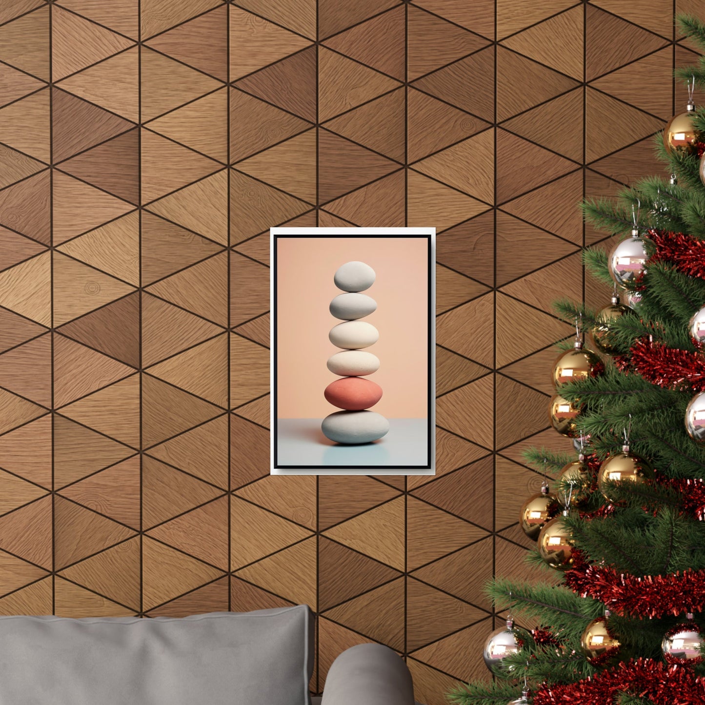 A christmas tree with a picture of a stack of rocks