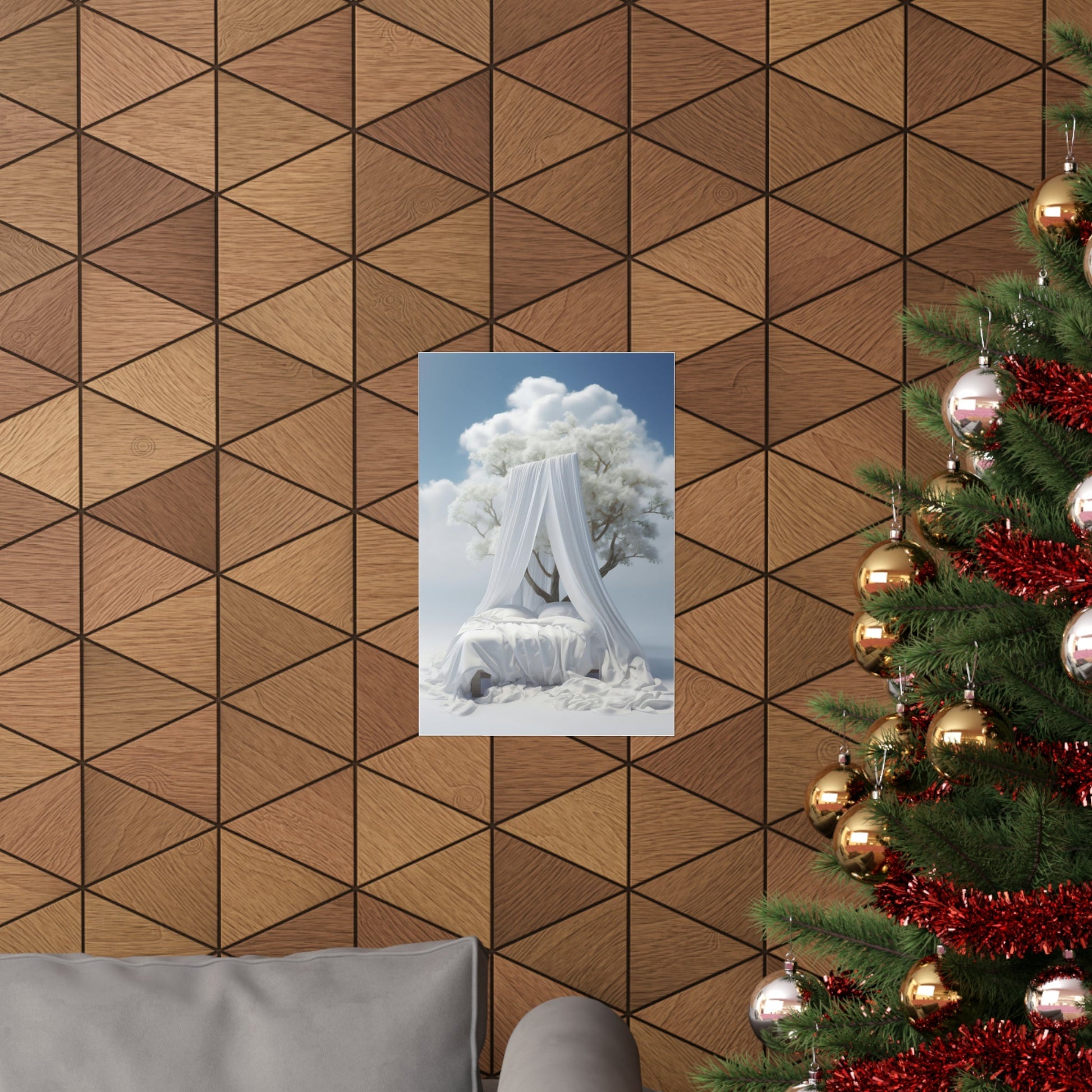 A christmas tree with a picture of a statue