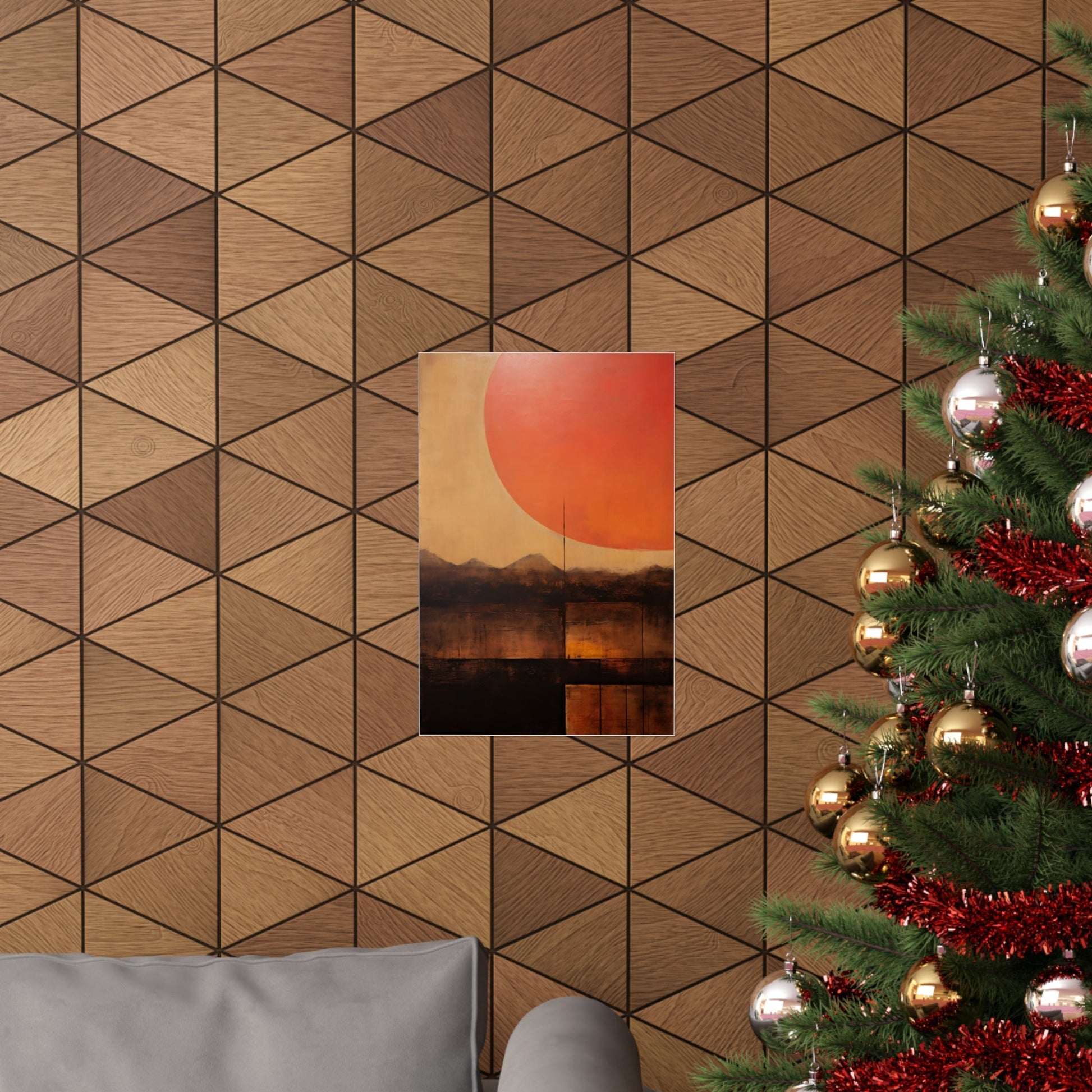 A christmas tree with a picture of a sunset