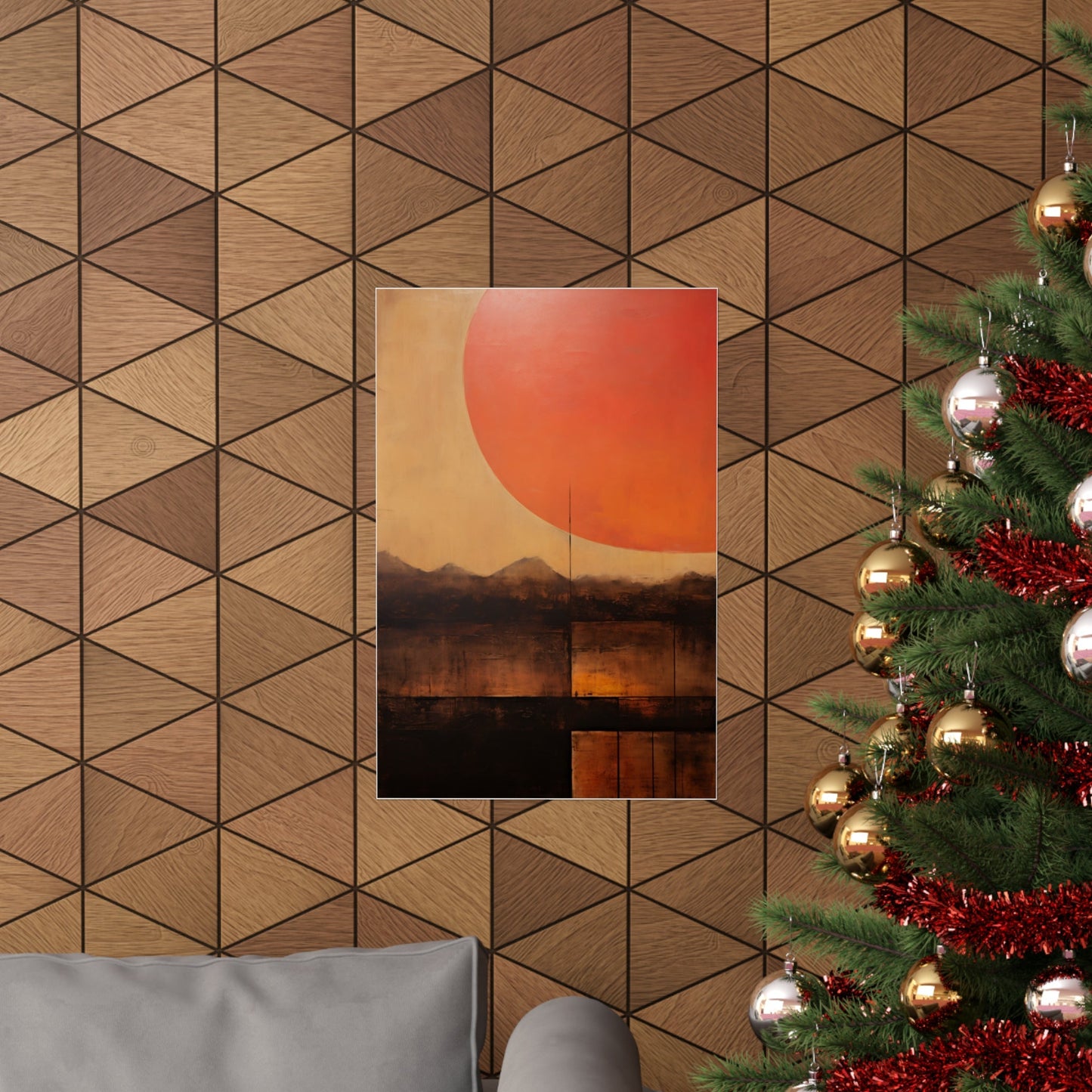 A christmas tree with a picture of a sunset