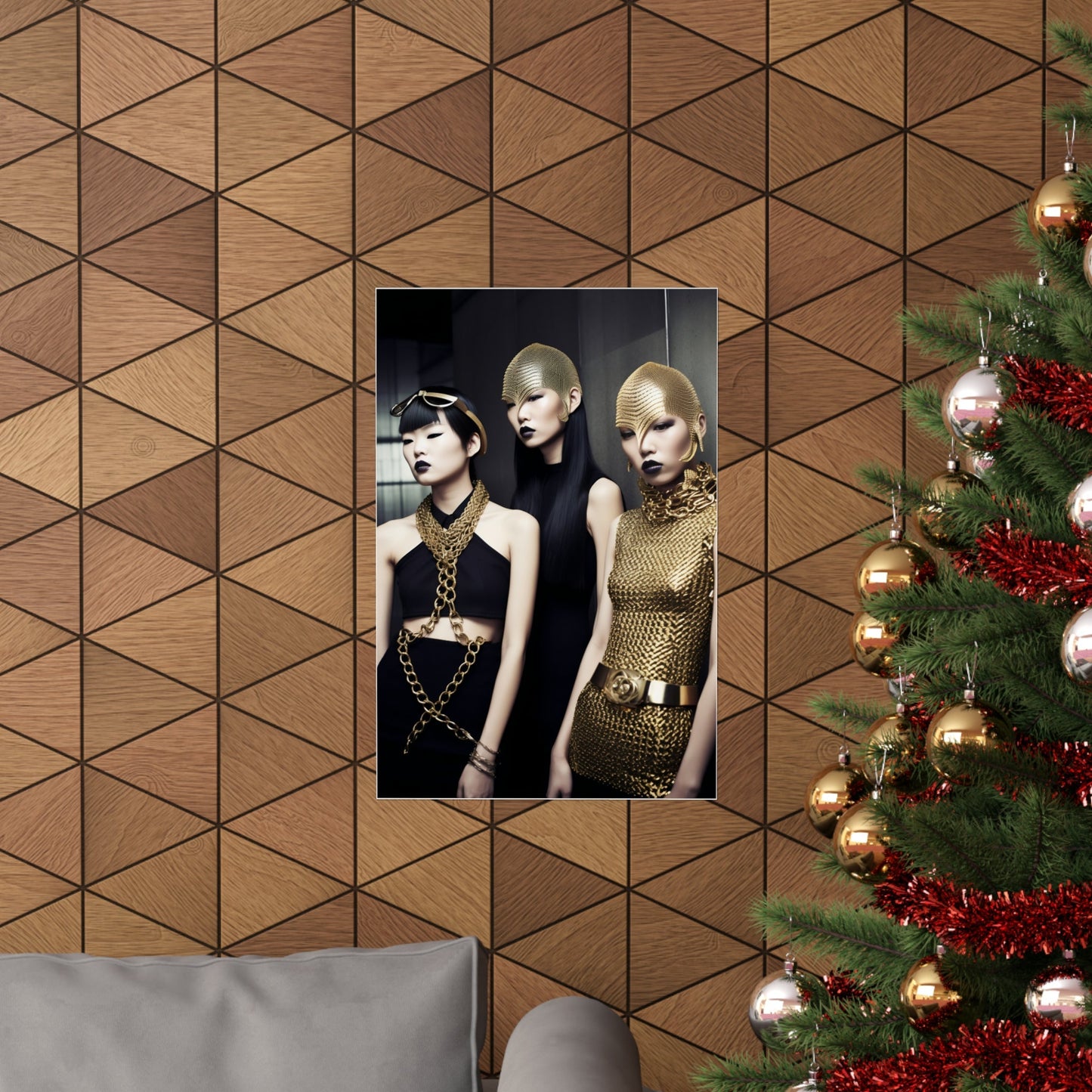 A christmas tree with a picture of two women