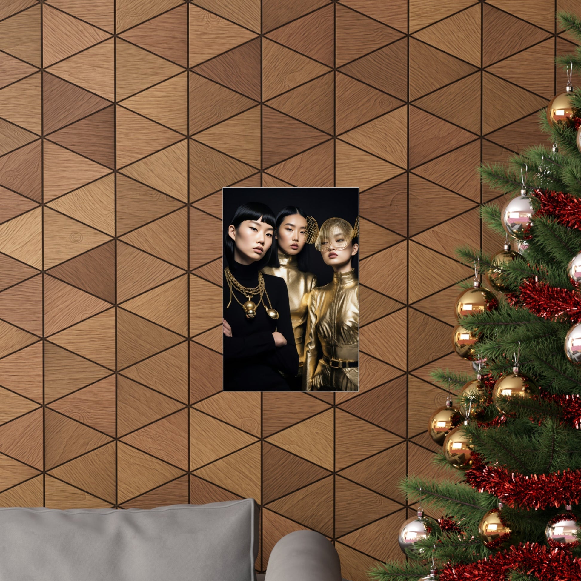 A christmas tree with a picture of two women