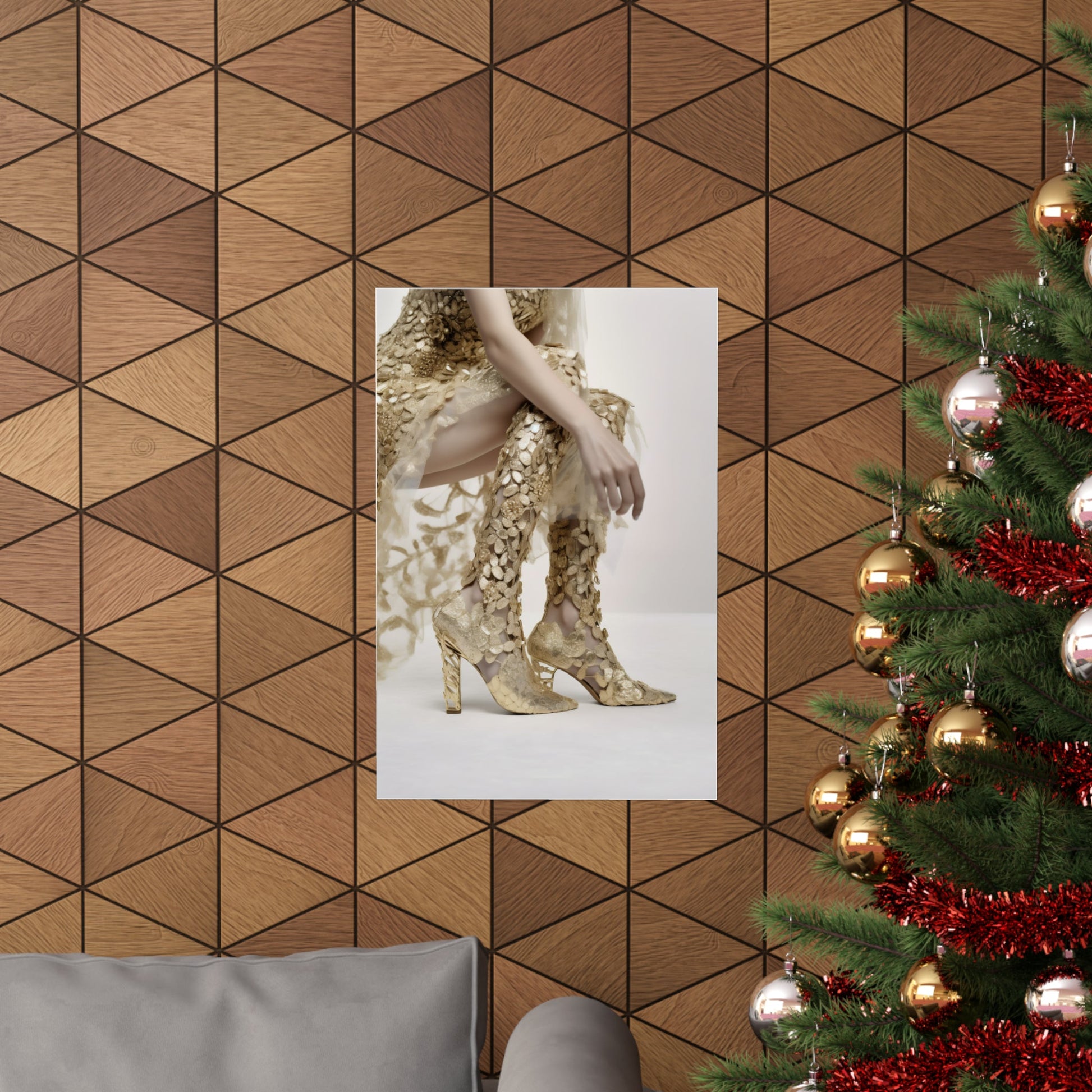 A photo of a woman in a high quality gold dress and high heeled shoes, ready to transform your space as VERTICAL FUTURE™ Lux Matte Poster Collection wall art.