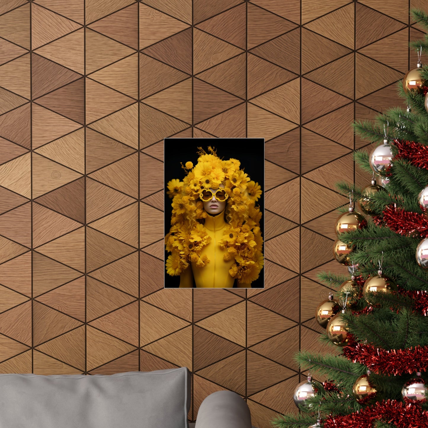 A christmas tree with a picture of a woman in a yellow dress