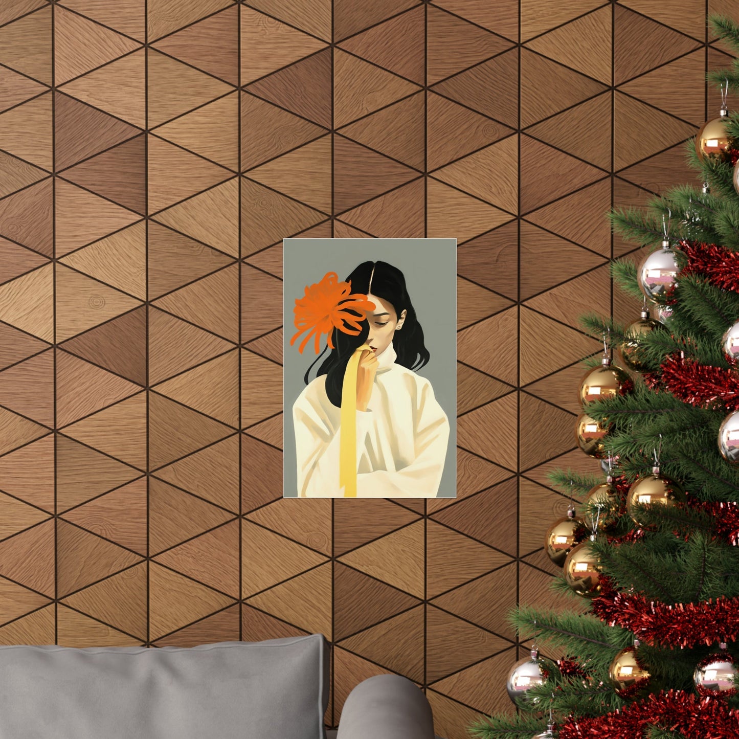 A christmas tree with a picture of a woman