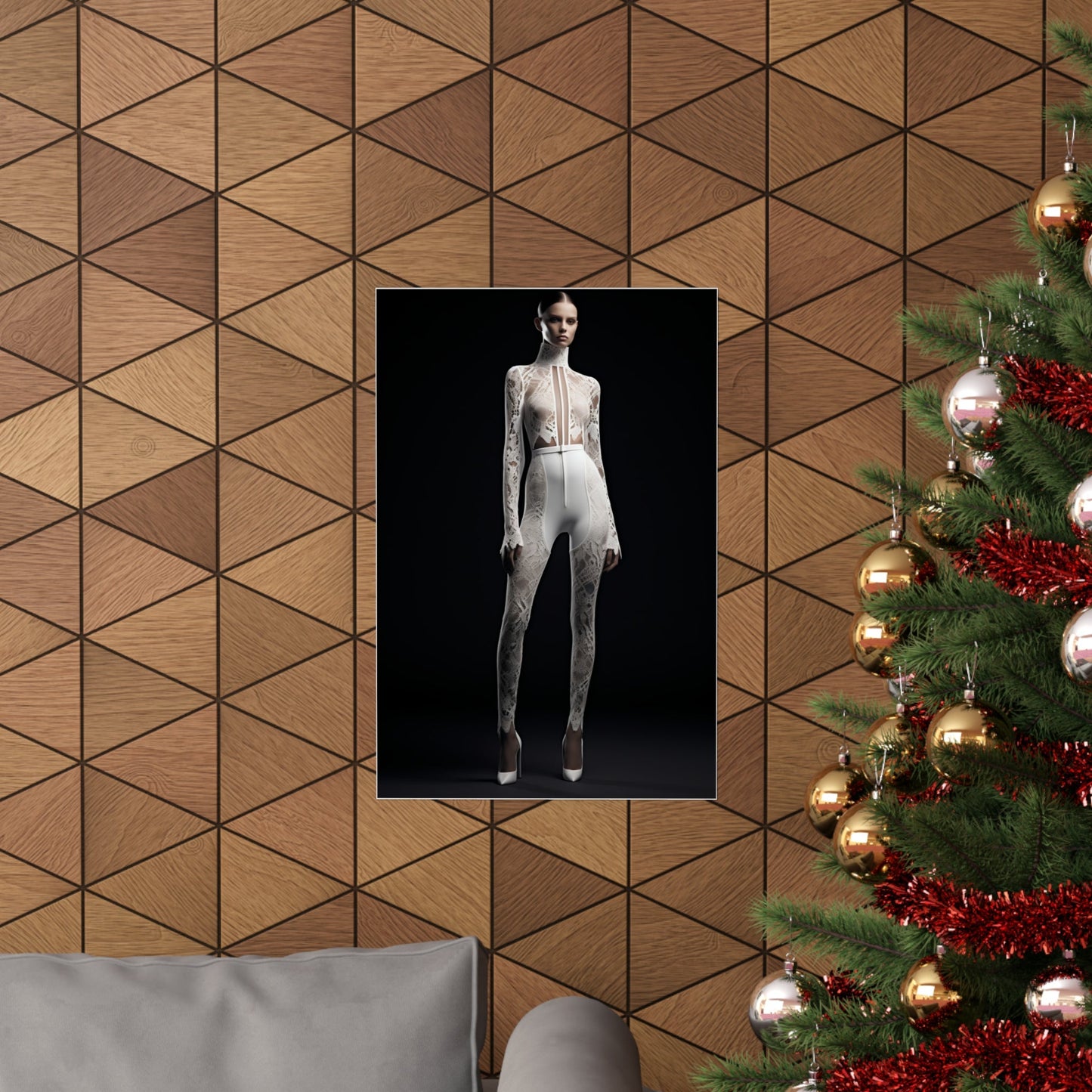 A christmas tree with a picture of a woman in a white suit