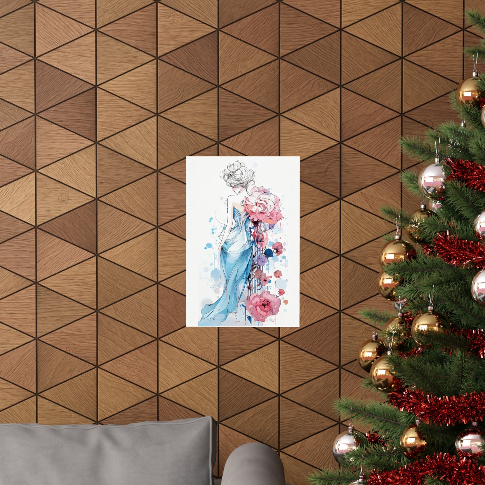 A christmas tree with a picture of a woman in a blue dress