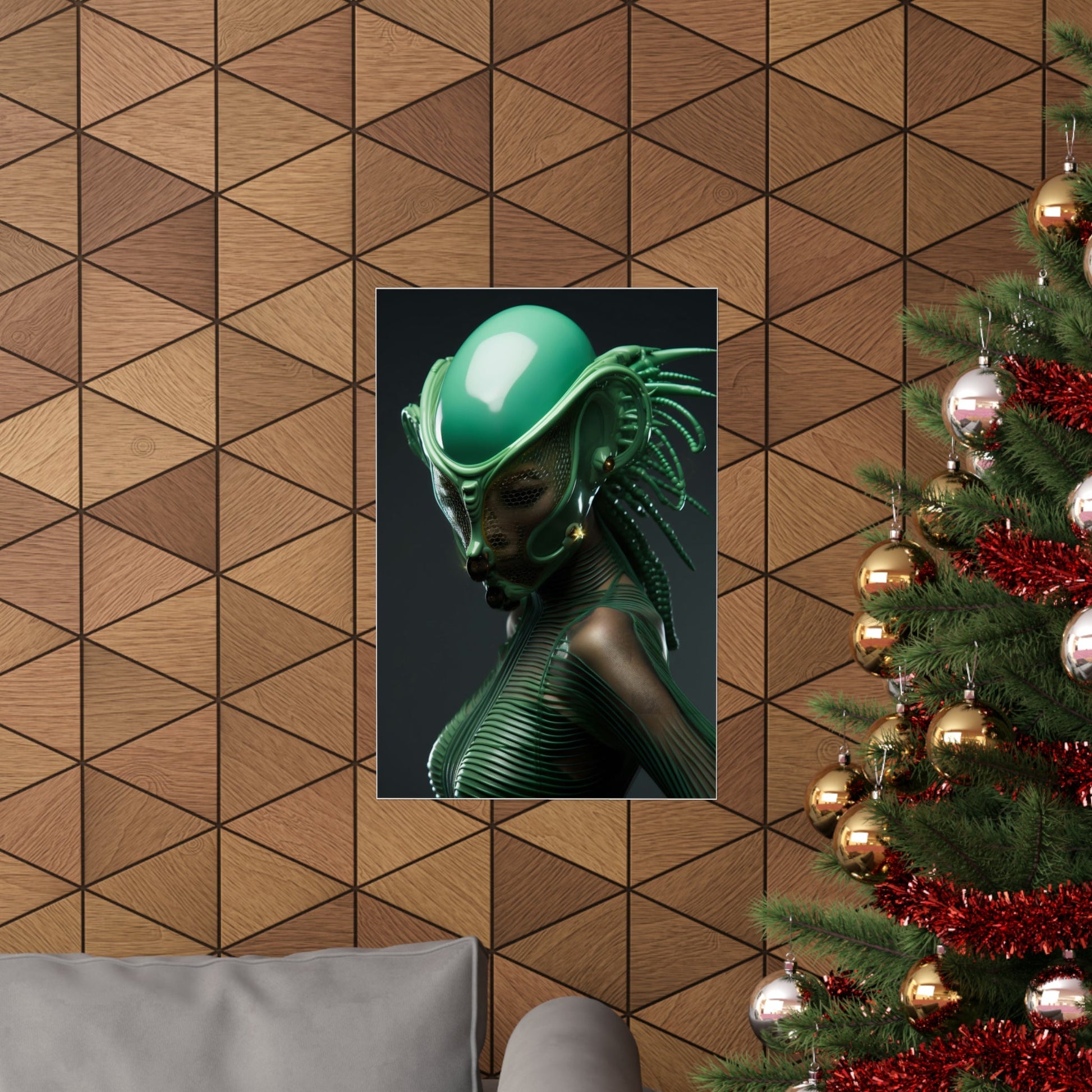 A christmas tree with a picture of a woman in a green alien suit