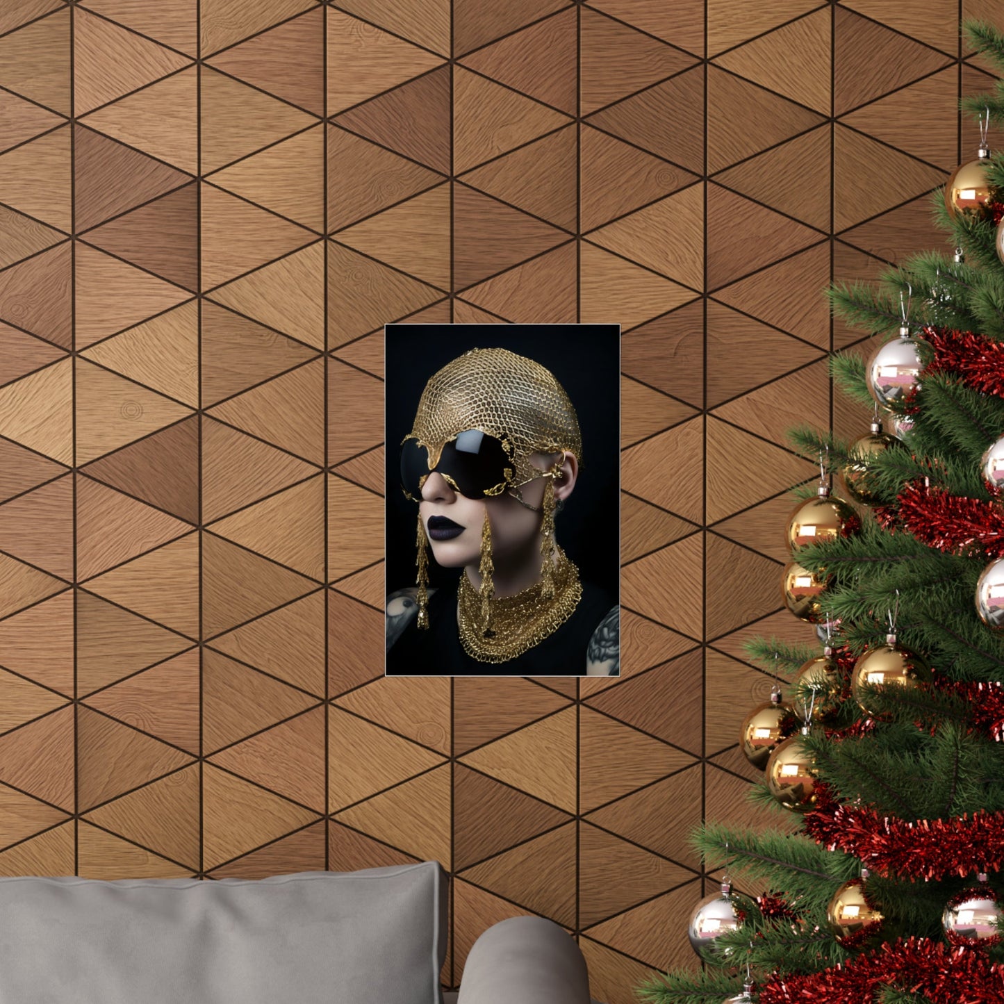 A christmas tree with a picture of a woman in a hat