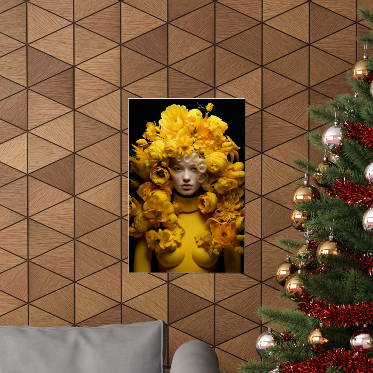 A christmas tree with a picture of a woman in a yellow dress