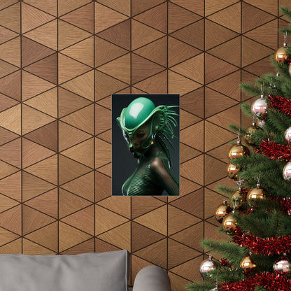 A christmas tree with a picture of a woman in a green hat