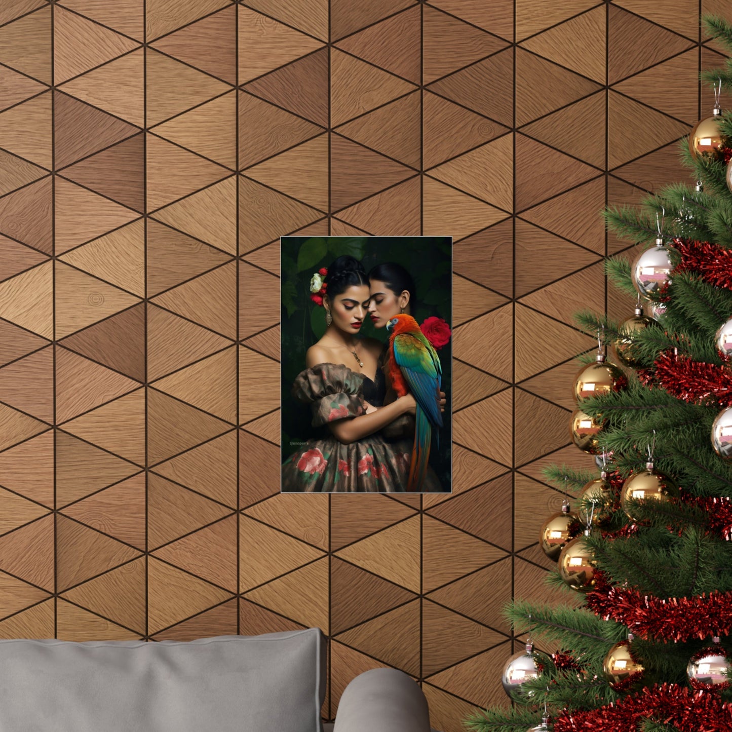 A christmas tree with a picture of a woman and a parrot