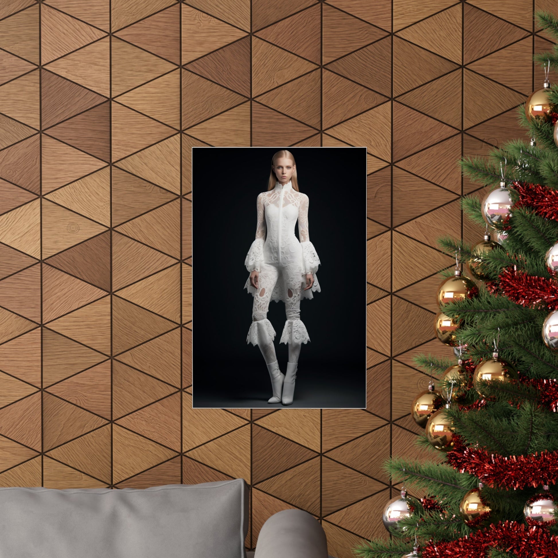 A christmas tree with a picture of a woman in white