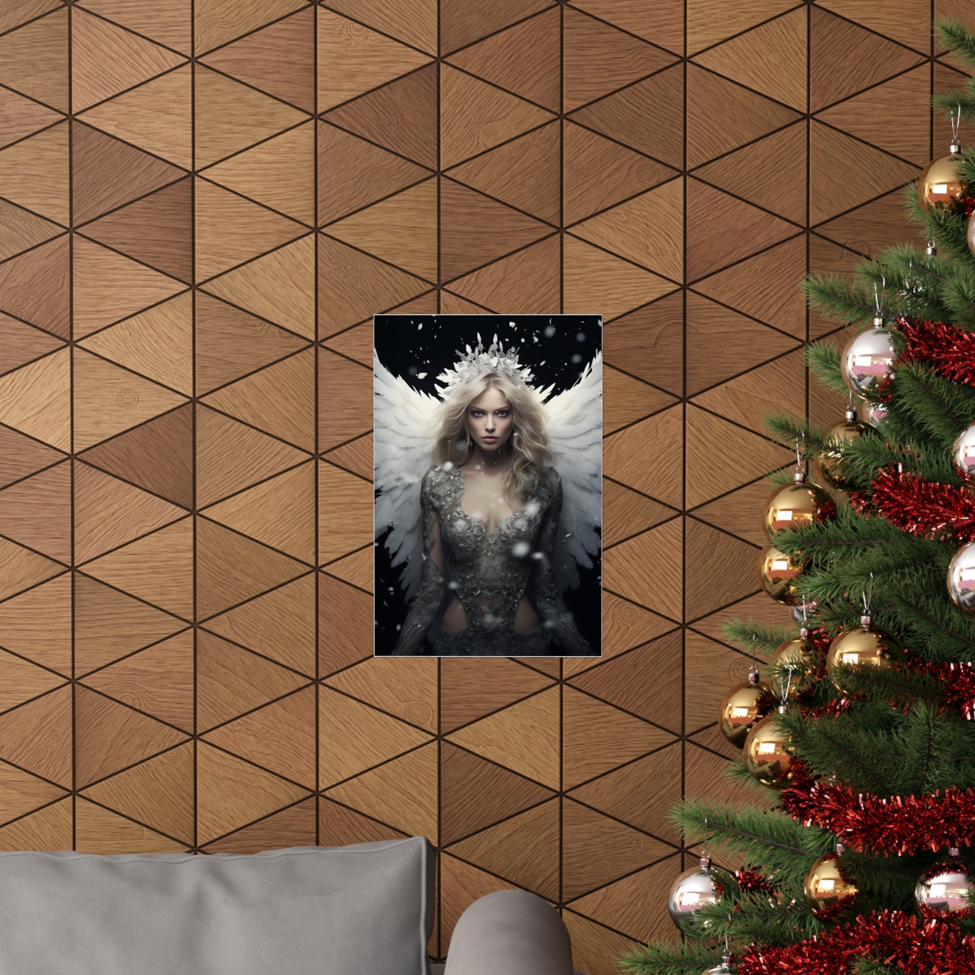 A christmas tree with a picture of a woman in a crown