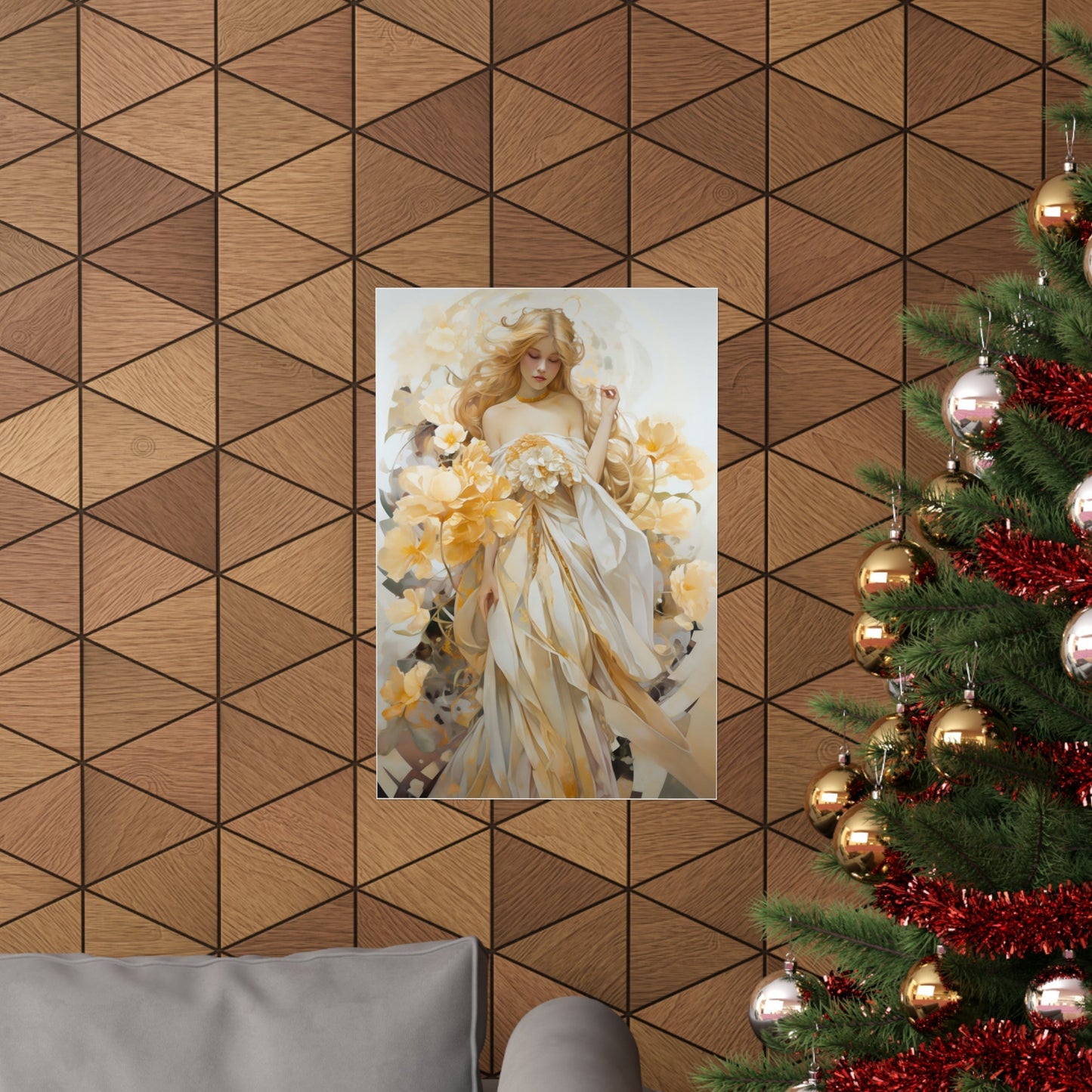 A christmas tree with a picture of a woman in a white dress